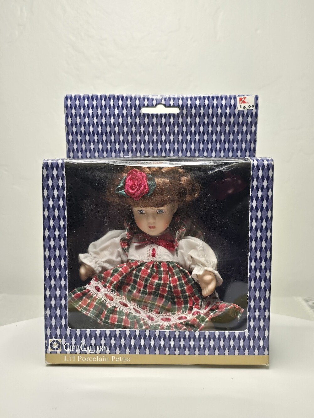 Vintage Gift Gallery Li'l Porcelain Petite Doll Plaid Dress Kmart Box Damage